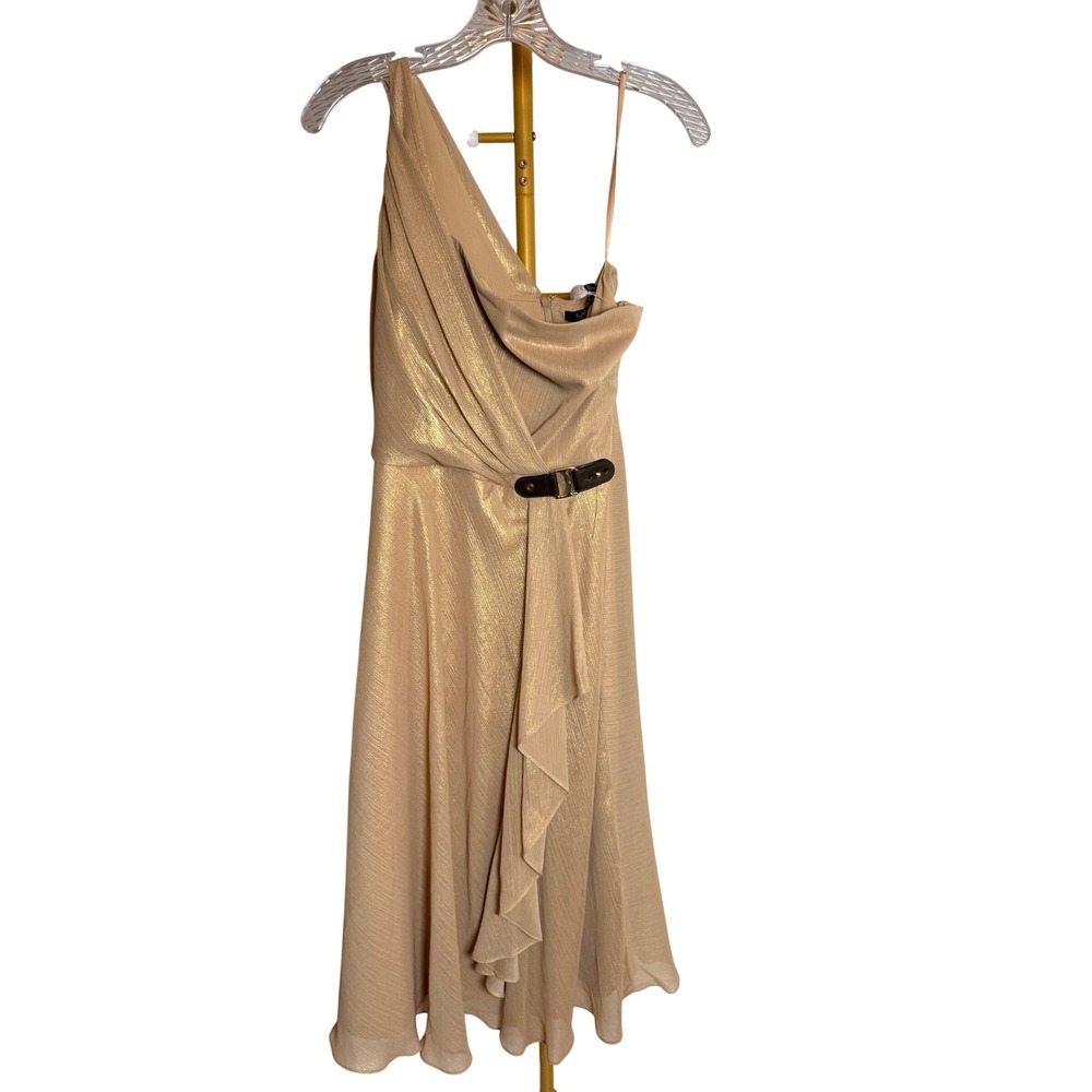Lauren Ralph Lauren One Shoulder Gold Metallic Cocktail Dress Size 8 Champagne